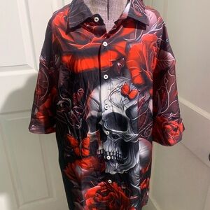 Men's Red Skull Graphic Casual Button Down Shirt